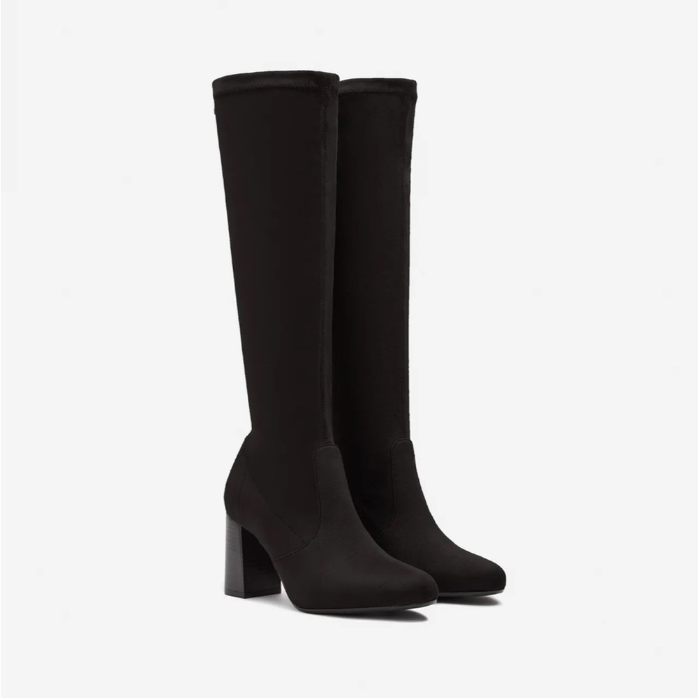 Duo Boots Knee-High Heeled Boots in Black Suedette, Pull-On, EU 41